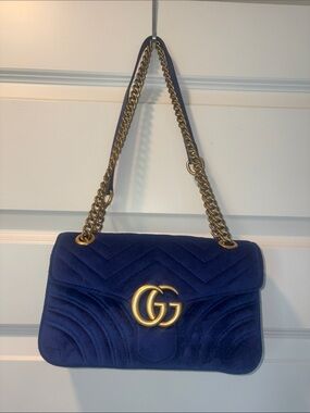 Designer Inspired GG Marmont Velvet Shoulder Bag in Deep Blue